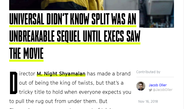 Screenshot of SYFY article with an image from Split & title of article