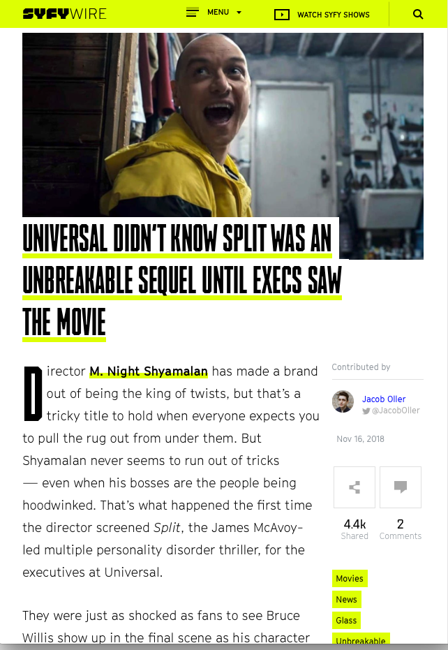 Screenshot of SYFY article with an image from Split & title of article