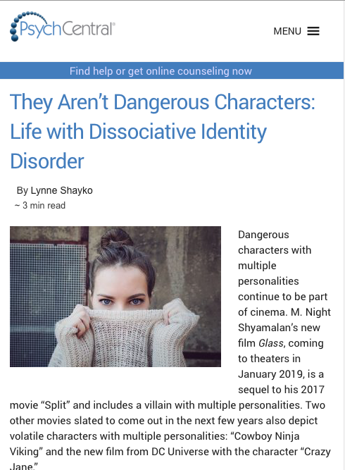 Screenshot of PsychCentral article title "They Aren't Dangerous Characters: Life with Dissociative Identity Disorder"
