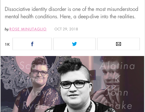 Cosmopolitan article "I Have 13 Different Identities Living Inside of Me. Here's What Our Lives Are Like" and a photo of The Labyrinth System at the top of the article.