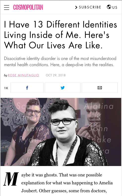 Cosmopolitan article "I Have 13 Different Identities Living Inside of Me. Here's What Our Lives Are Like" and a photo of The Labyrinth System at the top of the article.