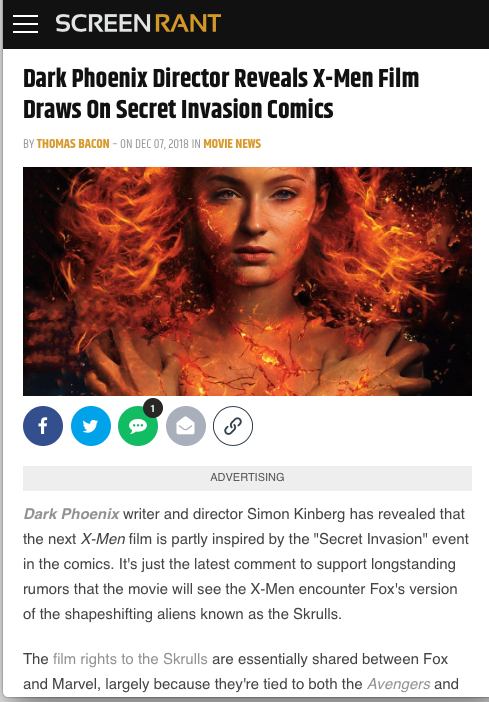 ScreenRant article on Dark Phoenix by Thomas Bacon