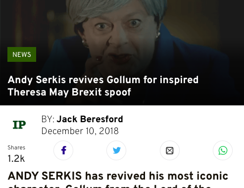 Irish Post article titled "Andy Serkis revives Gollum for inspired Theresa May Brexit spoof by Jack Beresford