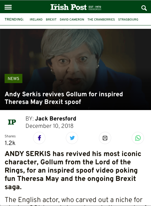 Irish Post article titled "Andy Serkis revives Gollum for inspired Theresa May Brexit spoof by Jack Beresford