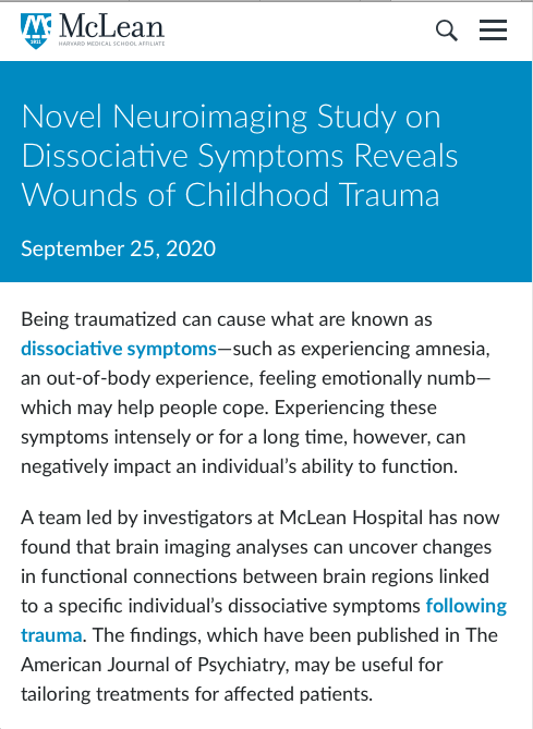 McLean Hospital press release image titled "Novel Neuroimaging Study on Dissociative Symptoms Reveals Wounds of Childhood Trauma"