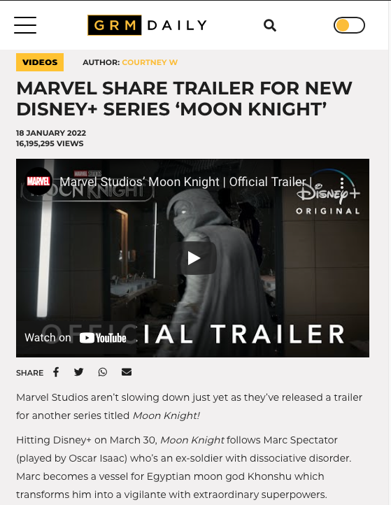 GRM Daily post about Doom Knight, showing the splash screen for the embedded YouTube trailer for the TV show.