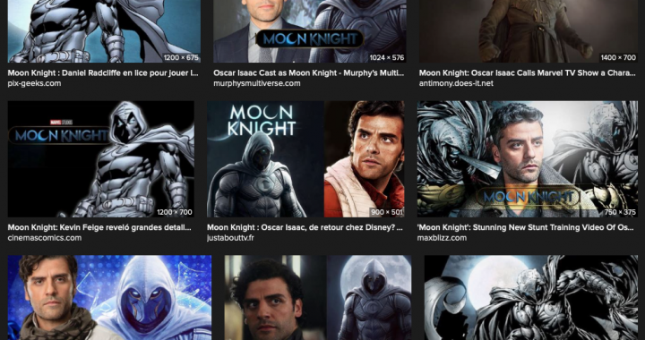 Tiled thumbnail images of Moon Knight both comic and live action versions, and some fan art.