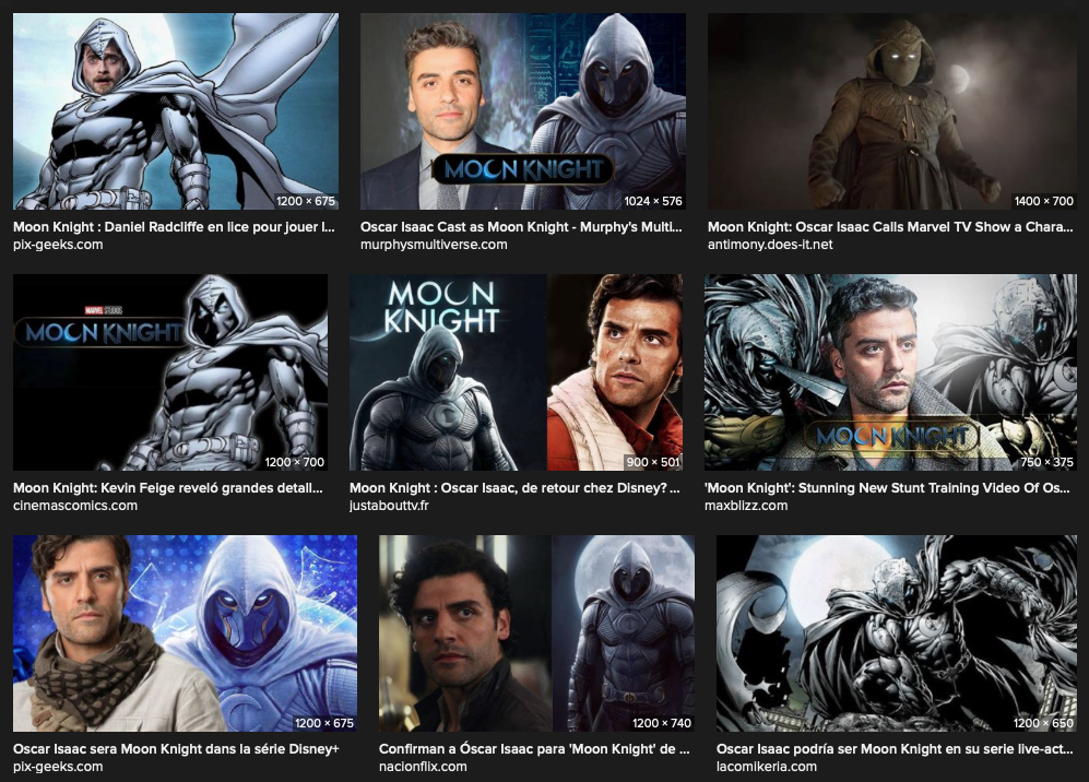 Tiled thumbnail images of Moon Knight both comic and live action versions, and some fan art.