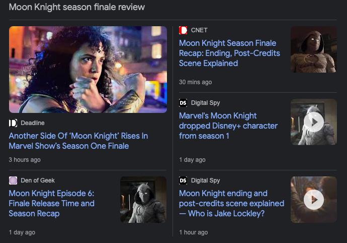 Screenshot of thumbnails of season finale reviews from a search engine.