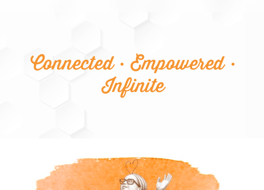 Image from the homepage of the An Infinite Mind website. A bee over the words "an infinite mind", title "Connected • Empowered • Infinite". Underneath someone dressed as a bee dancing with heart-shaped antennae, a smile, eyes closed.